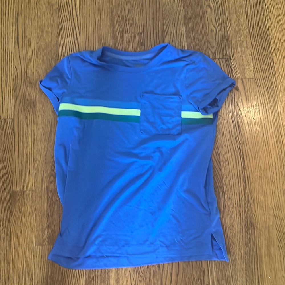 Athleta Girl Blue Shirt with green stripes and pocket on front